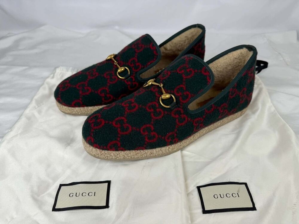 Gucci Fria Horsebit GG Monogram Logo Wool Slip On Loafers US 12.5 SPB-TS 371579